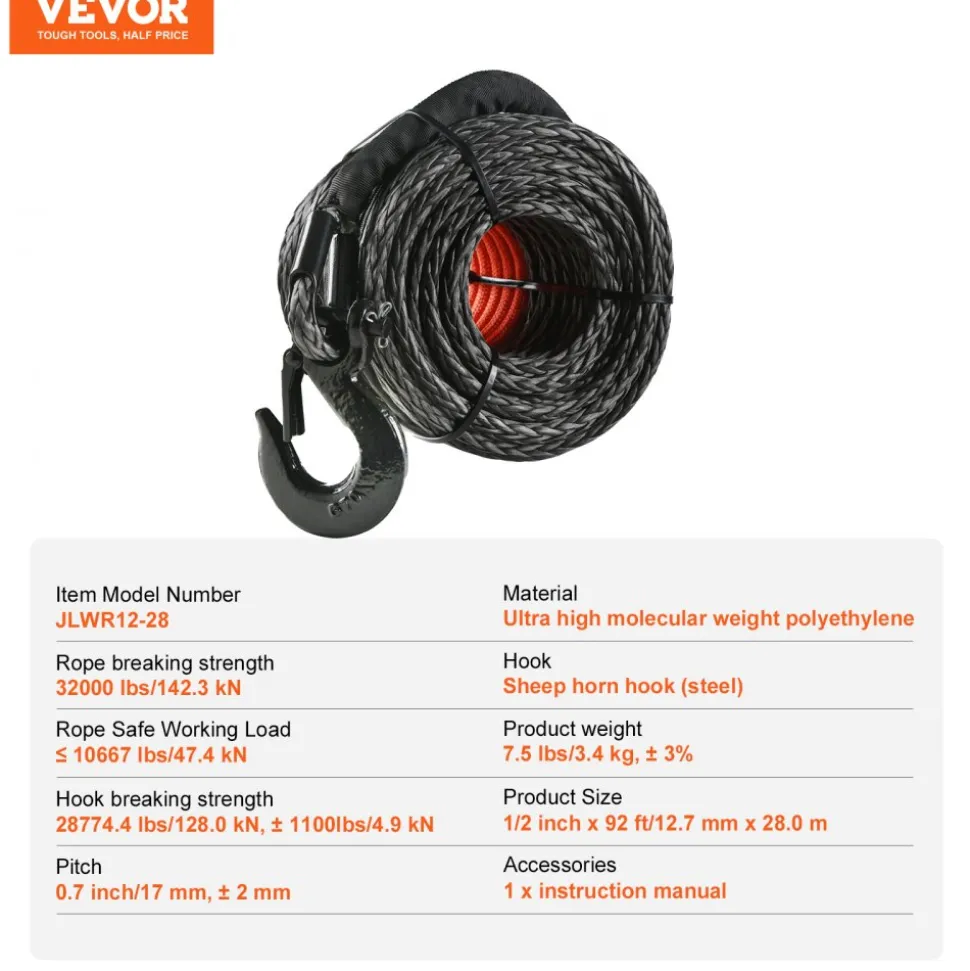 VEVOR Synthetic Winch Rope, 1/2 Inch x 92 Feet 32,000 lbs Synthetic Winch Line Cable Rope with Protective Sleeve + Forged Winch Hook + Pull Strap, Universal Fit for SUV, Large Off-Road Vehicle, Truck