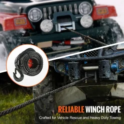 VEVOR Synthetic Winch Rope, 1/2 Inch x 92 Feet 32,000 lbs Synthetic Winch Line Cable Rope with Protective Sleeve + Forged Winch Hook + Pull Strap, Universal Fit for SUV, Large Off-Road Vehicle, Truck