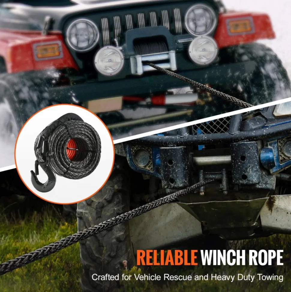 VEVOR Synthetic Winch Rope, 1/2 Inch x 92 Feet 32,000 lbs Synthetic Winch Line Cable Rope with Protective Sleeve + Forged Winch Hook + Pull Strap, Universal Fit for SUV, Large Off-Road Vehicle, Truck