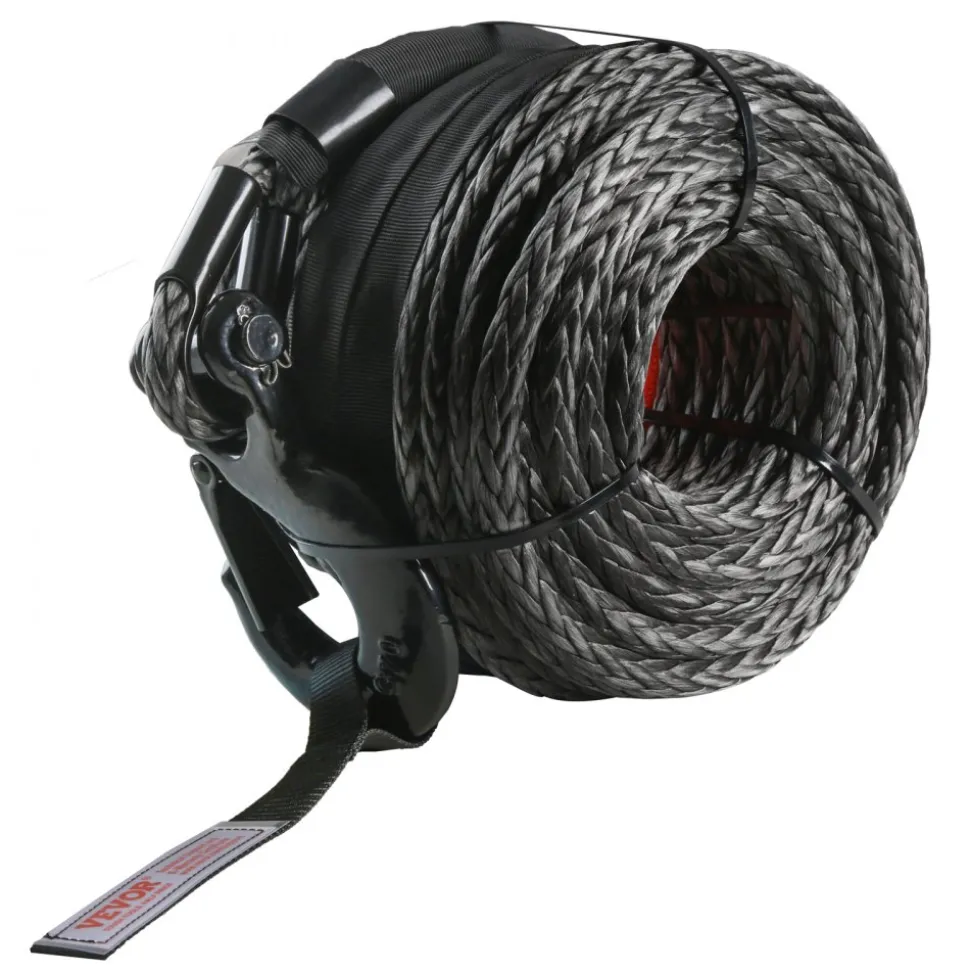 VEVOR Synthetic Winch Rope, 1/2 Inch x 92 Feet 32,000 lbs Synthetic Winch Line Cable Rope with Protective Sleeve + Forged Winch Hook + Pull Strap, Universal Fit for SUV, Large Off-Road Vehicle, Truck