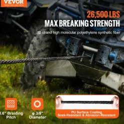 VEVOR Synthetic Winch Rope, 3/8 Inch x 85 Feet 26,500 lbs Synthetic Winch Line Cable Rope with Protective Sleeve + Forged Winch Hook + Pull Strap, Universal Fit for SUV, Large Off-Road Vehicle, Truck