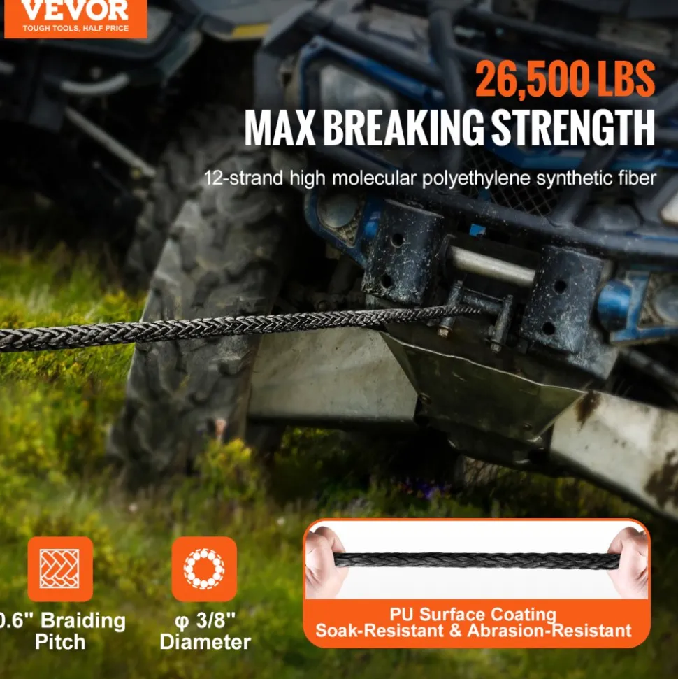 VEVOR Synthetic Winch Rope, 1/4 Inch x 50 Feet 10,000 lbs Synthetic Winch Line Cable Rope with Protective Sleeve + Stopper + Forged Winch Hook + Pull Strap, Fit for ATV, UTV, Small Vehicle, Pickup