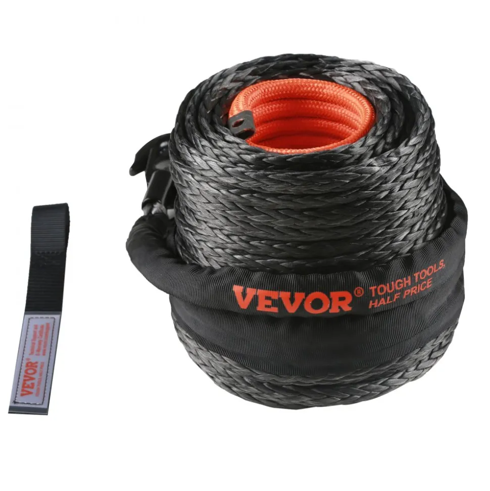 VEVOR Synthetic Winch Rope, 1/4 Inch x 50 Feet 10,000 lbs Synthetic Winch Line Cable Rope with Protective Sleeve + Stopper + Forged Winch Hook + Pull Strap, Fit for ATV, UTV, Small Vehicle, Pickup