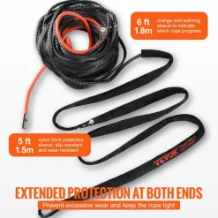 VEVOR Synthetic Winch Rope, 1/4 Inch x 50 Feet 10,000 lbs Synthetic Winch Line Cable Rope with Protective Sleeve + Stopper + Forged Winch Hook + Pull Strap, Fit for ATV, UTV, Small Vehicle, Pickup