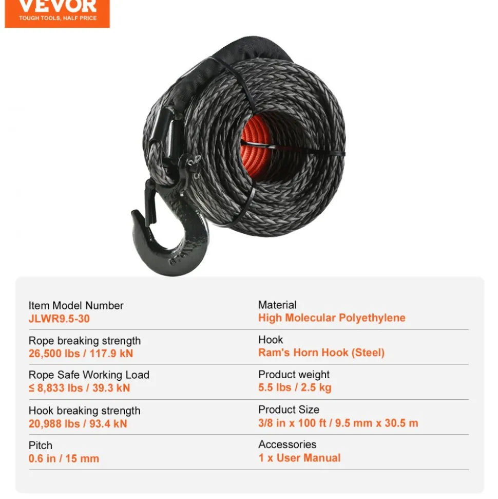VEVOR Synthetic Winch Rope, 1/4 Inch x 50 Feet 10,000 lbs Synthetic Winch Line Cable Rope with Protective Sleeve + Stopper + Forged Winch Hook + Pull Strap, Fit for ATV, UTV, Small Vehicle, Pickup