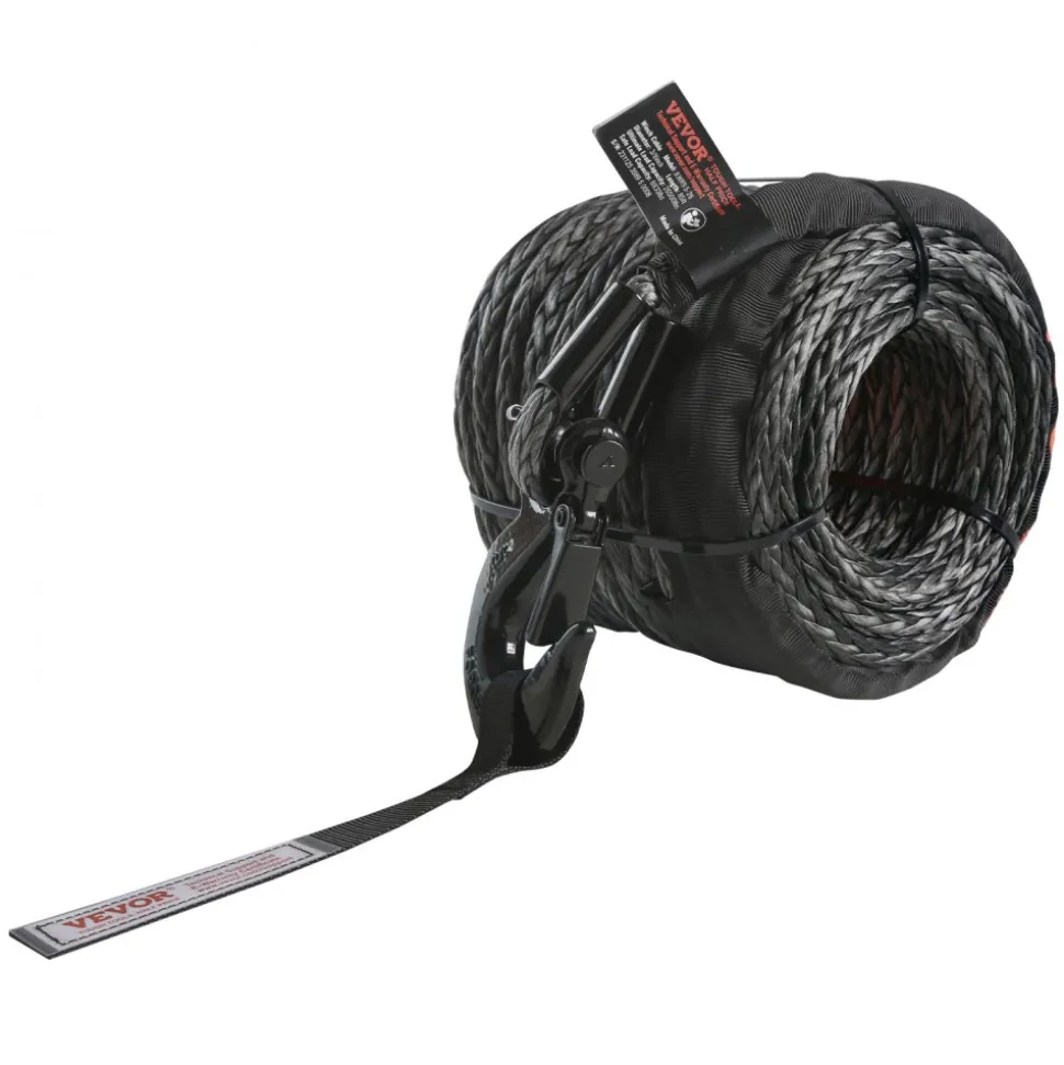 VEVOR Synthetic Winch Rope, 1/4 Inch x 50 Feet 10,000 lbs Synthetic Winch Line Cable Rope with Protective Sleeve + Stopper + Forged Winch Hook + Pull Strap, Fit for ATV, UTV, Small Vehicle, Pickup
