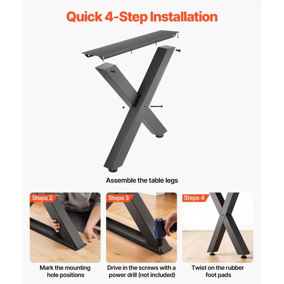 VEVOR Table Legs, 29.5" H x 23.6" W Steel Furniture Legs, Modular Design, Easy Assembly, 2204 lbs Max Load Heavy Duty, for Home Office Desk, Coffee Dinner Bar Tables, Workbench,2 PCS, X Frame, Black