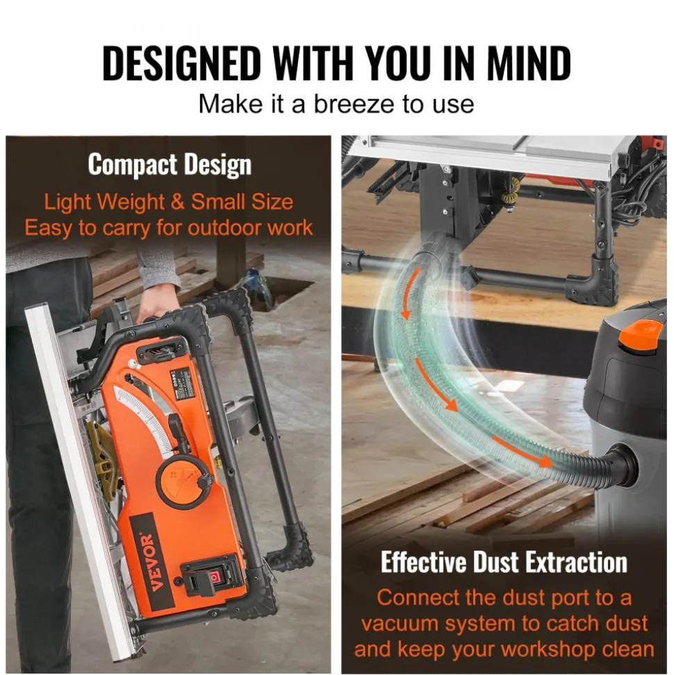 VEVOR Table Saw for Jobsite, 10-inch 15-Amp, 25-in Max Rip Capacity, Cutting Speed up to 4500RPM, 40T Blade, Portable Compact Tablesaw with Sliding Miter Gauge for DIY Woodworking and Furniture Making