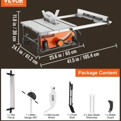 VEVOR Table Saw for Jobsite, 10-inch 15-Amp, 25-in Max Rip Capacity, Cutting Speed up to 4500RPM, 40T Blade, Portable Compact Tablesaw with Sliding Miter Gauge for DIY Woodworking and Furniture Making