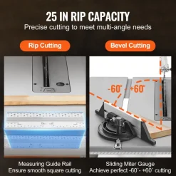 VEVOR Table Saw for Jobsite, 10-inch 15-Amp, 25-in Max Rip Capacity, Cutting Speed up to 4500RPM, 40T Blade, Portable Compact Tablesaw with Sliding Miter Gauge for DIY Woodworking and Furniture Making