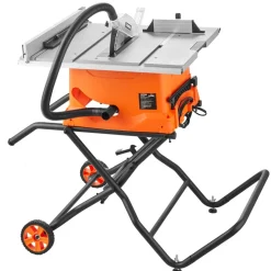 VEVOR Table Saw with Stand, 10-inch 15-Amp, Max Rip 25-in, Speed to 5000RPM, 40T Blade, Compact Portable Jobsite Saw with Sliding Miter for Wood & Furniture Crafting