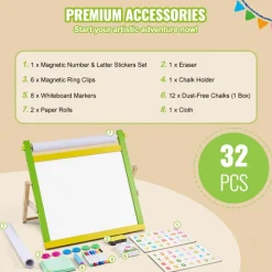 VEVOR Tabletop Art Easel for Kids, 3-in-1 Wooden Double-Sided Kid's Art Easel with Magnetic Whiteboard, Chalkboard, Paper Roll, Foldable Portable Drawing Board with Painting Accessories for Boys Girls