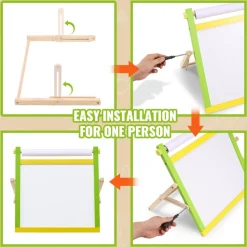 VEVOR Tabletop Art Easel for Kids, 3-in-1 Wooden Double-Sided Kid's Art Easel with Magnetic Whiteboard, Chalkboard, Paper Roll, Foldable Portable Drawing Board with Painting Accessories for Boys Girls