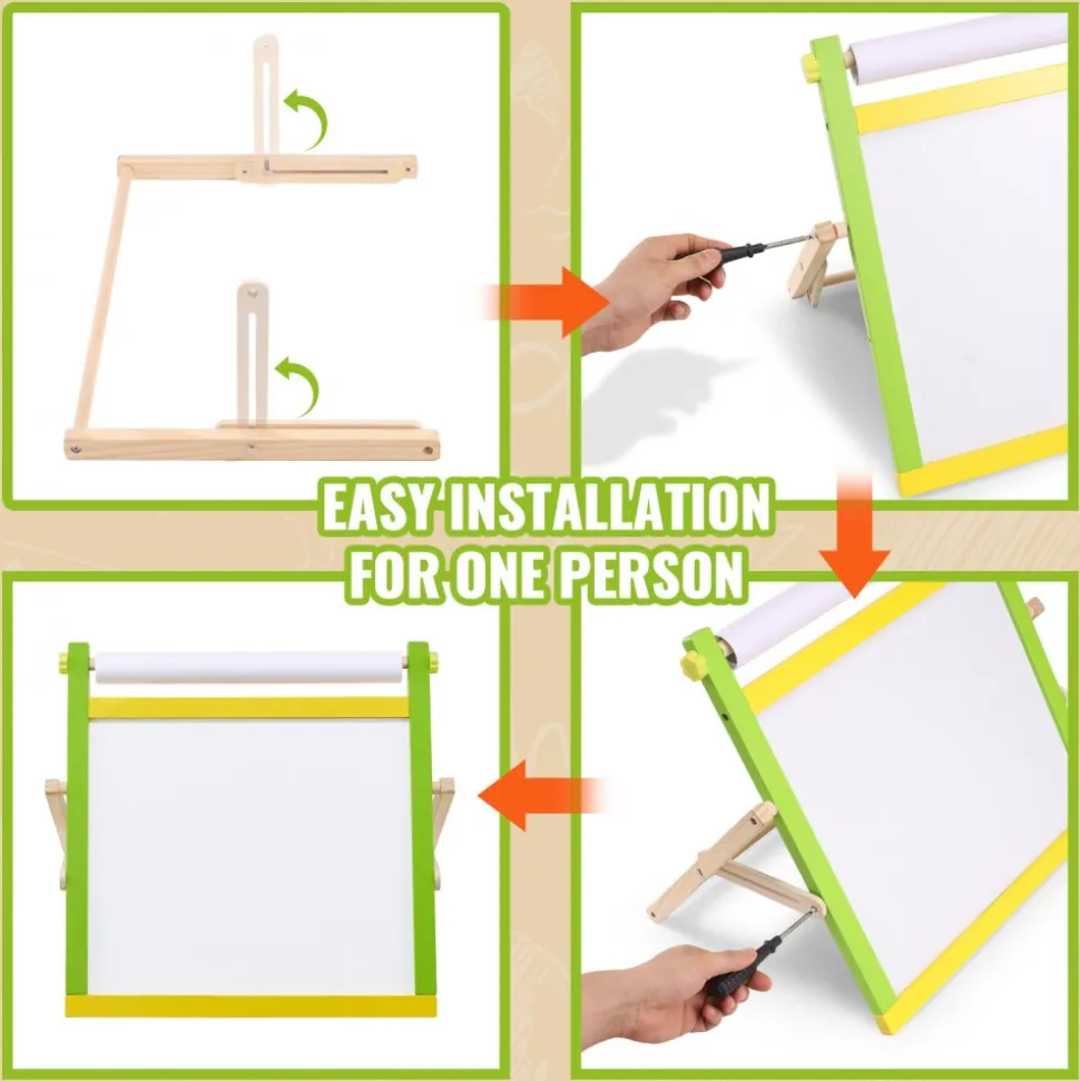 VEVOR Tabletop Art Easel for Kids, 3-in-1 Wooden Double-Sided Kid's Art Easel with Magnetic Whiteboard, Chalkboard, Paper Roll, Foldable Portable Drawing Board with Painting Accessories for Boys Girls