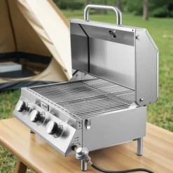 VEVOR Tabletop Gas Grill, 3-Burner Stainless Steel Portable Propane Grill, with Built-in Thermometer, Travel Locks, Weatherproof Lid, 22,500 BTU Total, for Outdoor Cooking, Patio, Party, Camping, RV