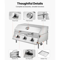 VEVOR Tabletop Gas Grill, 3-Burner Stainless Steel Portable Propane Grill, with Built-in Thermometer, Travel Locks, Weatherproof Lid, 22,500 BTU Total, for Outdoor Cooking, Patio, Party, Camping, RV