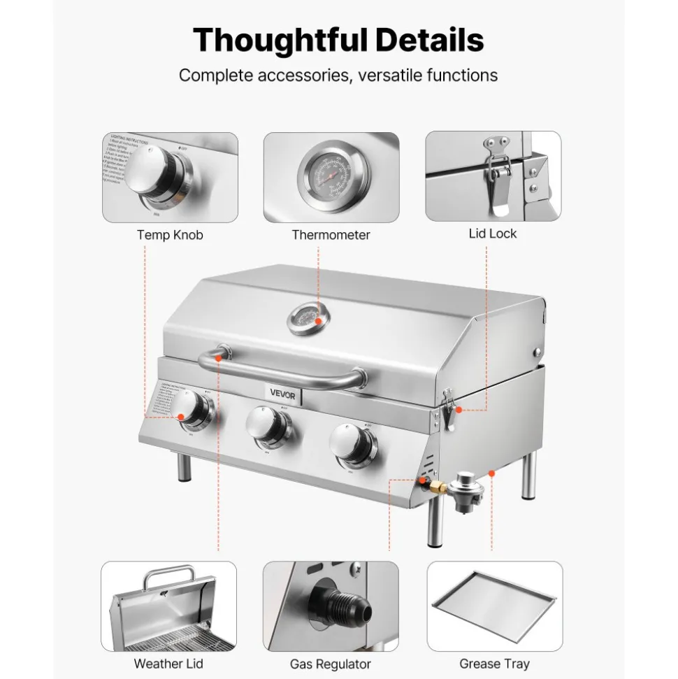 VEVOR Tabletop Gas Grill, 3-Burner Stainless Steel Portable Propane Grill, with Built-in Thermometer, Travel Locks, Weatherproof Lid, 22,500 BTU Total, for Outdoor Cooking, Patio, Party, Camping, RV