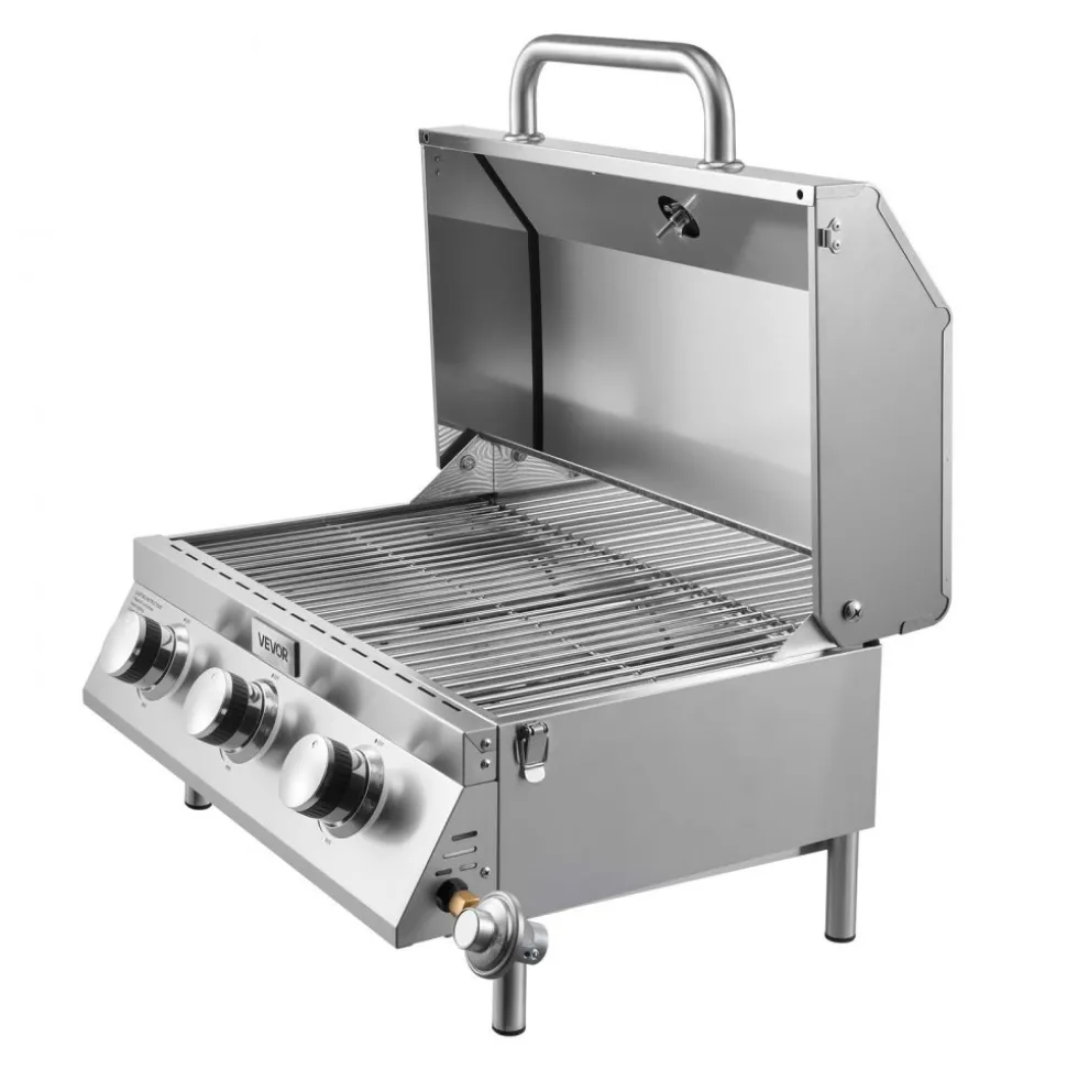 VEVOR Tabletop Gas Grill, 3-Burner Stainless Steel Portable Propane Grill, with Built-in Thermometer, Travel Locks, Weatherproof Lid, 22,500 BTU Total, for Outdoor Cooking, Patio, Party, Camping, RV
