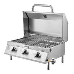 VEVOR Tabletop Gas Grill, 3-Burner Stainless Steel Portable Propane Grill, with Built-in Thermometer, Travel Locks, Weatherproof Lid, 22,500 BTU Total, for Outdoor Cooking, Patio, Party, Camping, RV
