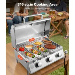VEVOR Tabletop Gas Grill, 3-Burner Stainless Steel Portable Propane Grill, with Built-in Thermometer, Travel Locks, Weatherproof Lid, 22,500 BTU Total, for Outdoor Cooking, Patio, Party, Camping, RV