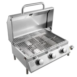 VEVOR Tabletop Gas Grill, 3-Burner Stainless Steel Portable Propane Grill, with Built-in Thermometer, Travel Locks, Weatherproof Lid, 22,500 BTU Total, for Outdoor Cooking, Patio, Party, Camping, RV