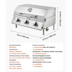 VEVOR Tabletop Gas Grill, 3-Burner Stainless Steel Portable Propane Grill, with Built-in Thermometer, Travel Locks, Weatherproof Lid, 22,500 BTU Total, for Outdoor Cooking, Patio, Party, Camping, RV