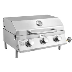 VEVOR Tabletop Gas Grill, 3-Burner Stainless Steel Portable Propane Grill, with Built-in Thermometer, Travel Locks, Weatherproof Lid, 22,500 BTU Total, for Outdoor Cooking, Patio, Party, Camping, RV