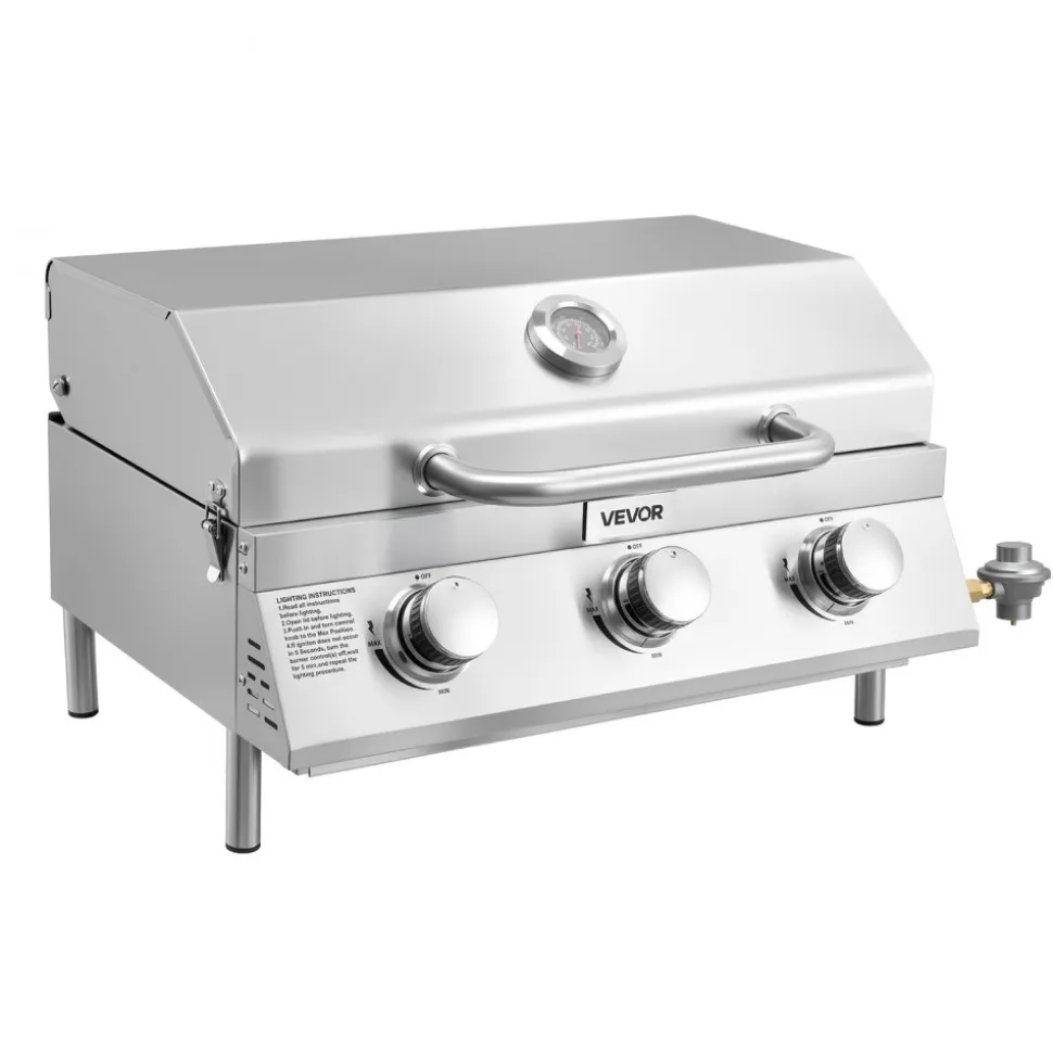 VEVOR Tabletop Gas Grill, 3-Burner Stainless Steel Portable Propane Grill, with Built-in Thermometer, Travel Locks, Weatherproof Lid, 22,500 BTU Total, for Outdoor Cooking, Patio, Party, Camping, RV
