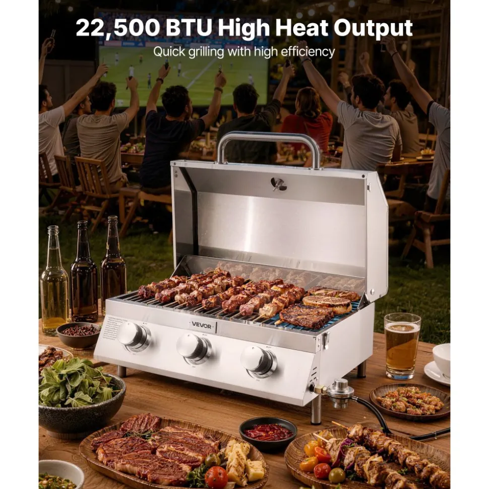 VEVOR Tabletop Gas Grill, 3-Burner Stainless Steel Portable Propane Grill, with Built-in Thermometer, Travel Locks, Weatherproof Lid, 22,500 BTU Total, for Outdoor Cooking, Patio, Party, Camping, RV
