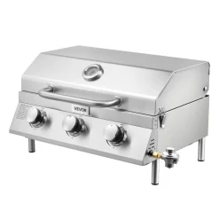VEVOR Tabletop Gas Grill, 3-Burner Stainless Steel Portable Propane Grill, with Built-in Thermometer, Travel Locks, Weatherproof Lid, 22,500 BTU Total, for Outdoor Cooking, Patio, Party, Camping, RV