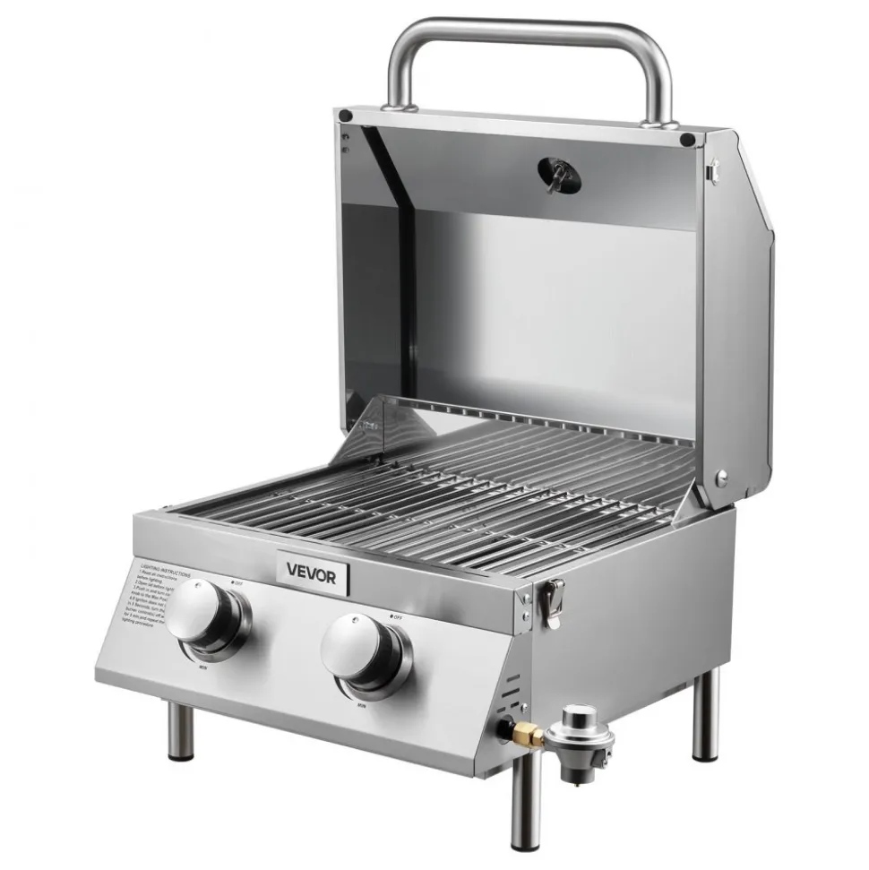 VEVOR Tabletop Gas Grill, 2-Burner Stainless Steel Portable Propane Grill, with Built-in Thermometer, Travel Locks, Weatherproof Lid, 15,000 BTU Total, for Outdoor Cooking, Patio, Party, Camping, RV
