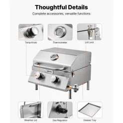 VEVOR Tabletop Gas Grill, 2-Burner Stainless Steel Portable Propane Grill, with Built-in Thermometer, Travel Locks, Weatherproof Lid, 15,000 BTU Total, for Outdoor Cooking, Patio, Party, Camping, RV