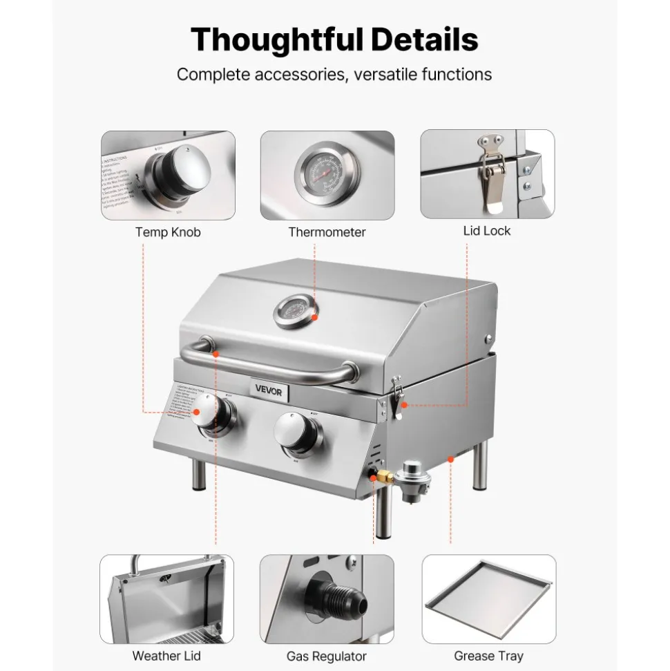 VEVOR Tabletop Gas Grill, 2-Burner Stainless Steel Portable Propane Grill, with Built-in Thermometer, Travel Locks, Weatherproof Lid, 15,000 BTU Total, for Outdoor Cooking, Patio, Party, Camping, RV