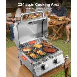 VEVOR Tabletop Gas Grill, 2-Burner Stainless Steel Portable Propane Grill, with Built-in Thermometer, Travel Locks, Weatherproof Lid, 15,000 BTU Total, for Outdoor Cooking, Patio, Party, Camping, RV