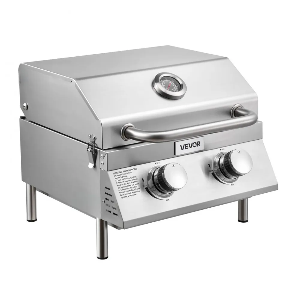 VEVOR Tabletop Gas Grill, 2-Burner Stainless Steel Portable Propane Grill, with Built-in Thermometer, Travel Locks, Weatherproof Lid, 15,000 BTU Total, for Outdoor Cooking, Patio, Party, Camping, RV