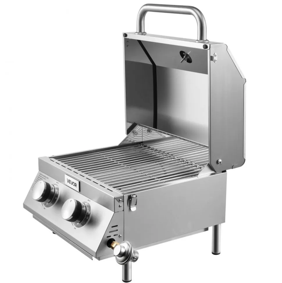 VEVOR Tabletop Gas Grill, 2-Burner Stainless Steel Portable Propane Grill, with Built-in Thermometer, Travel Locks, Weatherproof Lid, 15,000 BTU Total, for Outdoor Cooking, Patio, Party, Camping, RV
