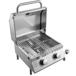 VEVOR Tabletop Gas Grill, 2-Burner Stainless Steel Portable Propane Grill, with Built-in Thermometer, Travel Locks, Weatherproof Lid, 15,000 BTU Total, for Outdoor Cooking, Patio, Party, Camping, RV