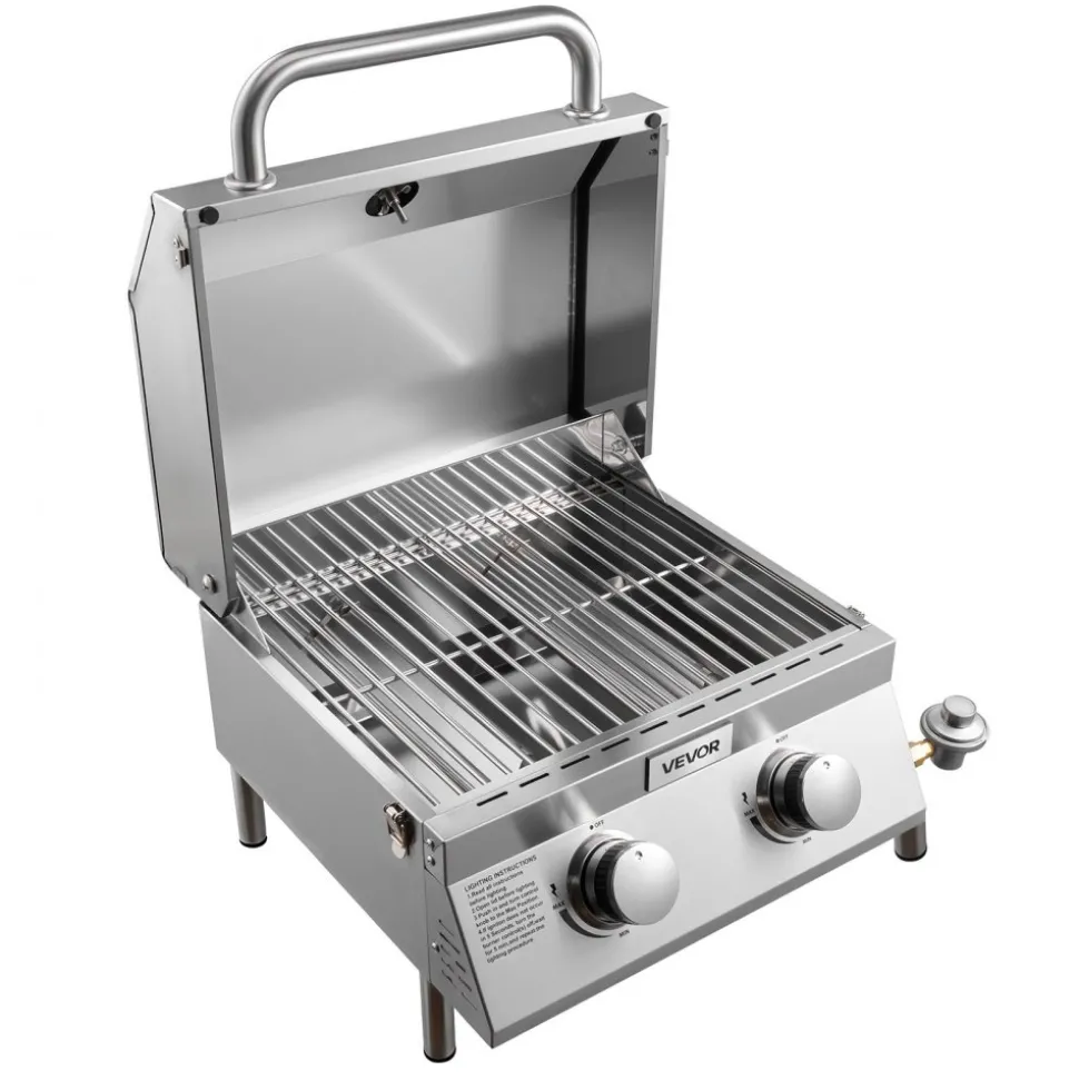 VEVOR Tabletop Gas Grill, 2-Burner Stainless Steel Portable Propane Grill, with Built-in Thermometer, Travel Locks, Weatherproof Lid, 15,000 BTU Total, for Outdoor Cooking, Patio, Party, Camping, RV