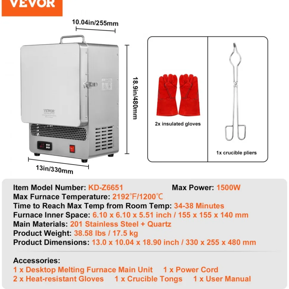 VEVOR Tabletop Kiln Melter, 1500W Electric Kiln, 2192℉ Max Temperature, Precise Control, Stainless Steel, Gold Melting Furnace for Wax Casting, Clay DIY, Metal Tempering, Glazing on Pottery, Silver