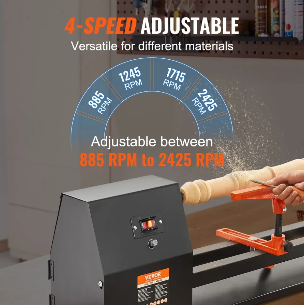 VEVOR Tabletop Wood Lathe, Dimensions 14x40 inches, Motor Power 0.5 HP 370W, Features Variable Speeds 885/1245/1715/2425 RPM, Includes Chisels, Faceplate, Plastic Handle, Hex Wrench, Ideal for Craf