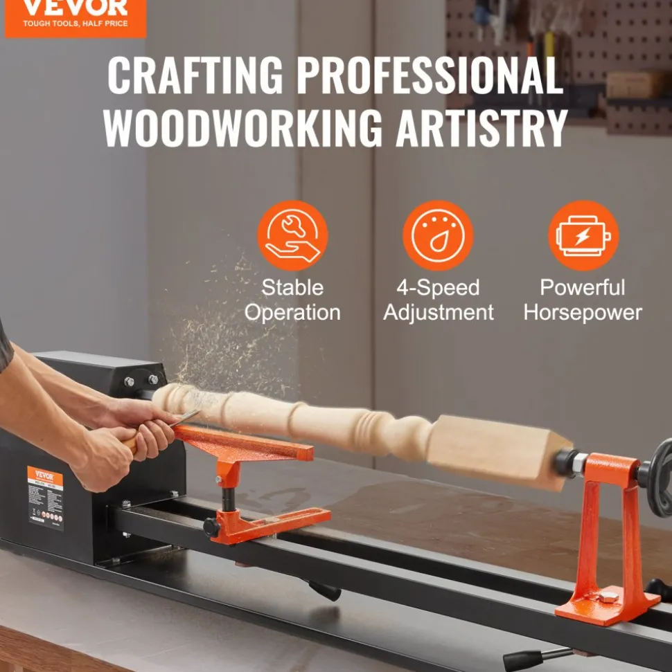 VEVOR Tabletop Wood Lathe, Dimensions 14x40 inches, Motor Power 0.5 HP 370W, Features Variable Speeds 885/1245/1715/2425 RPM, Includes Chisels, Faceplate, Plastic Handle, Hex Wrench, Ideal for Craf