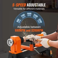 VEVOR Tabletop Wood Lathe, Dimensions 10x18 inches, Motor Strength 0.5 HP 370W, Offers Wood Crafting with 5 Adjustable Speeds ranging from 780 to 3840 RPM, Includes Rod Injection, Wrenches, Facepla