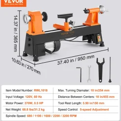 VEVOR Tabletop Wood Lathe, Dimensions 10x18 inches, Motor Strength 0.5 HP 370W, Offers Wood Crafting with 5 Adjustable Speeds ranging from 780 to 3840 RPM, Includes Rod Injection, Wrenches, Facepla