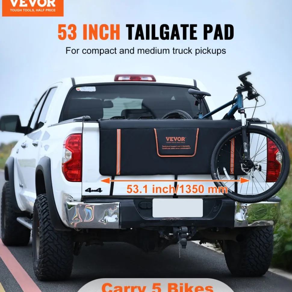 VEVOR Tailgate Bike Pad, 53" Truck Tailgate Pad Carry 5 Mountain Bikes, Upgraded Grooves Tailgate Protection Pad with Reflective Strips and Tool Pockets, with Camera Opening for Mid-Size Pickup Trucks