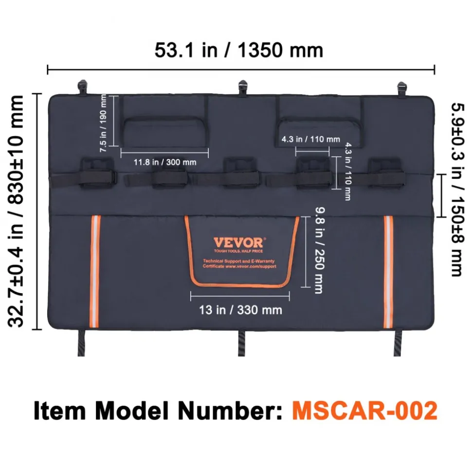 VEVOR Tailgate Bike Pad, 53" Truck Tailgate Pad Carry 5 Mountain Bikes, Upgraded Grooves Tailgate Protection Pad with Reflective Strips and Tool Pockets, with Camera Opening for Mid-Size Pickup Trucks