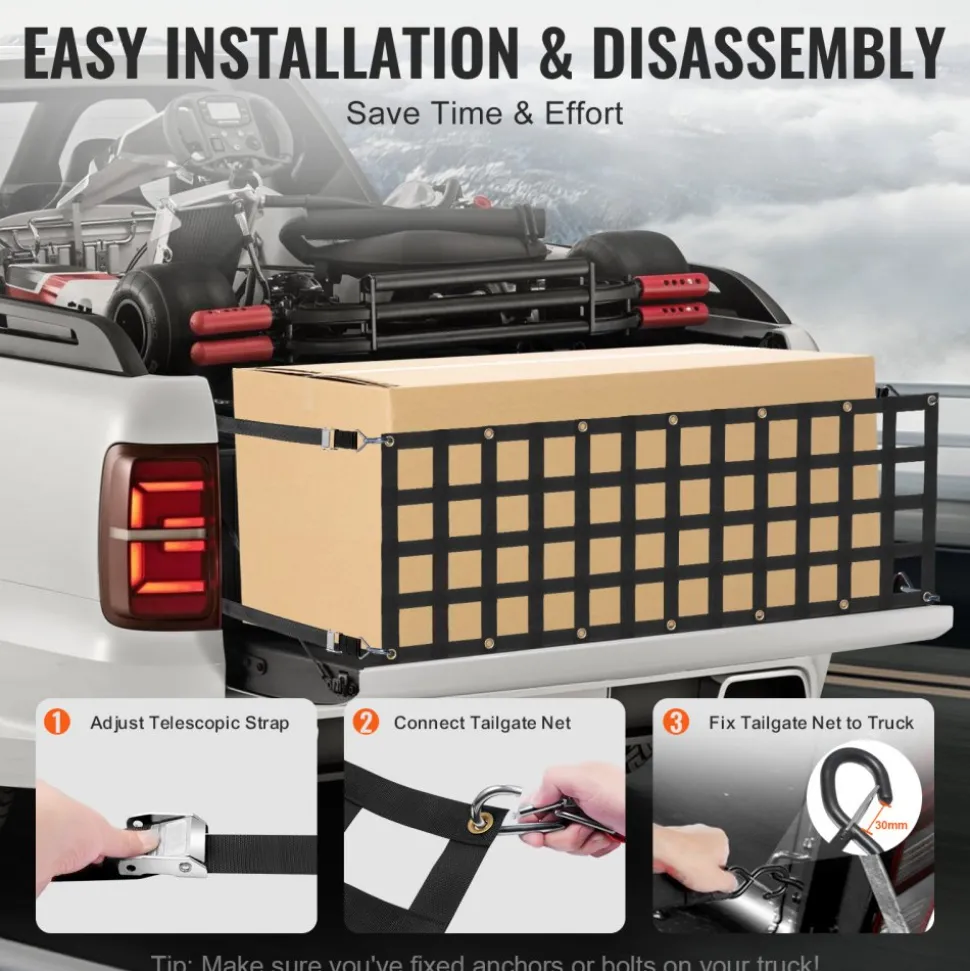 VEVOR Tailgate Net, 60 in x 18 in, Heavy Duty Cargo Net for Truck Bed with 4 Adjustable Telescopic Straps, Extendable & Durable, Flexible Adjustment, Suitable for Pickup, Trailer, Truck, Jeep, SUV