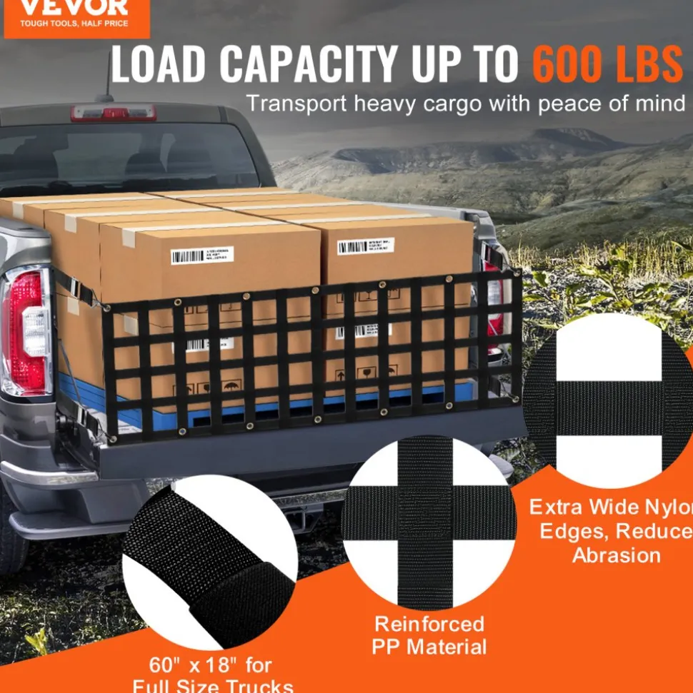 VEVOR Tailgate Net, 60 in x 18 in, Heavy Duty Cargo Net for Truck Bed with 4 Adjustable Telescopic Straps, Extendable & Durable, Flexible Adjustment, Suitable for Pickup, Trailer, Truck, Jeep, SUV