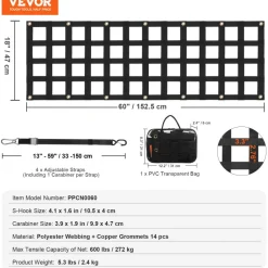 VEVOR Tailgate Net, 60 in x 18 in, Heavy Duty Cargo Net for Truck Bed with 4 Adjustable Telescopic Straps, Extendable & Durable, Flexible Adjustment, Suitable for Pickup, Trailer, Truck, Jeep, SUV
