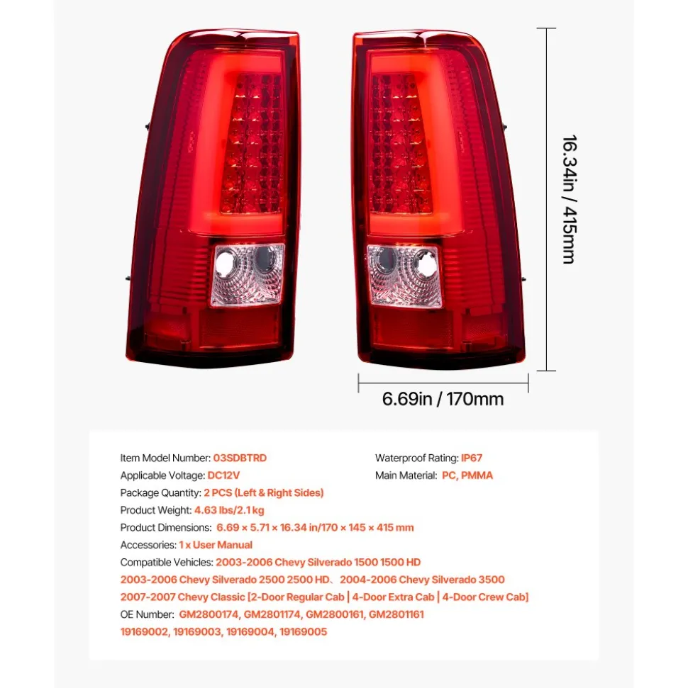 VEVOR Tail Light Assembly Compatible with 2003-2006 Chevy Silverado 1500 1500 HD 2500 2500 HD 3500, 2007-2007 Chevy Classic, 2PCS Driver & Passenger Side LED Taillight Brake Lamps with Bulbs, Red
