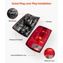 VEVOR Tail Light Assembly Compatible with 2009-2018 Dodge Ram 1500 2500 3500, 2019-2020 Dodge Ram 1500 Classic, Halogen Version Left & Right Side Taillight Rear Brake Lamps with Halogen Bulbs, 2PCS
